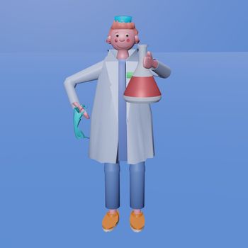 Medical scientist with a medical mask holding a glass test tube with liquid medicine or vaccine for the virus. 3D render illustration, volumetric image