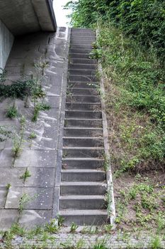 Different outdoor views on concrete, wooden and metal stairways