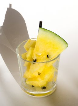 Yellow watermelon in a glass with slices and wedges for Watermelon diet