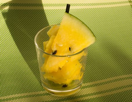 Yellow watermelon in a glass with slices and wedges for Watermelon diet