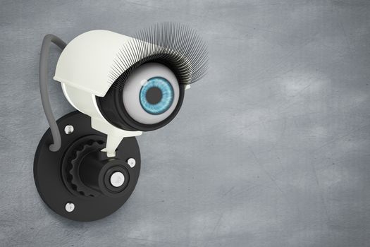 The white CCTV system installed on the cement wall with the eyes instead of the camera lens. The concept of security surveillance is like watching it all the time. 3D illustration rendering.