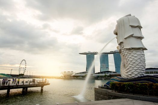 MERLION, SINGAPORE - August 27, 2017 : Landscape view of sunrise at Singapore landmark of Merlion and background with Marina Bay sands on August 27, 2017 Merlion, Singapore
