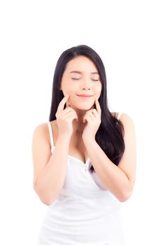 Beautiful girl with makeup, woman and skin care cosmetic concept / attractive beauty asian girl on face with hand touch cheek and smile isolated on white background.