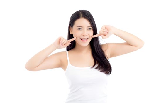 Beautiful girl with makeup, woman and skin care cosmetic concept / attractive beauty asian girl on face with hand touch cheek and smile isolated on white background.