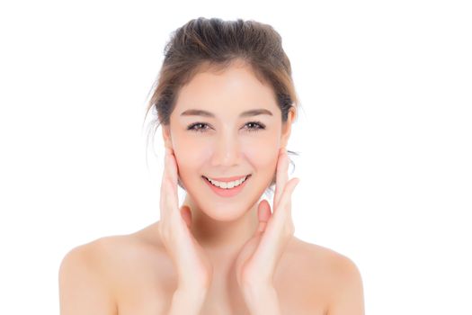 Beautiful girl with makeup, woman and skin care cosmetic concept / attractive beauty asian girl on face with hand touch cheek and smile isolated on white background.