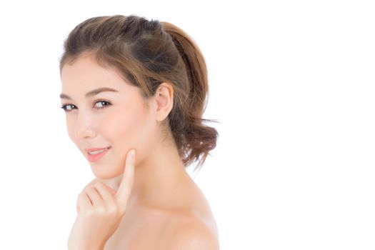 Beautiful girl with makeup, woman and skin care cosmetic concept / attractive beauty asian girl on face with hand touch cheek and smile isolated on white background.