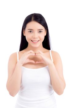 Beautiful asian woman show heart shape with hand, portrait girl model isolated on white background, healthcare concept.