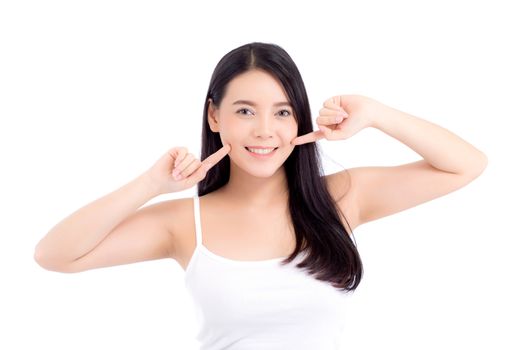 Beautiful girl with makeup, woman and skin care cosmetic concept / attractive beauty asian girl on face with hand touch cheek and smile isolated on white background.