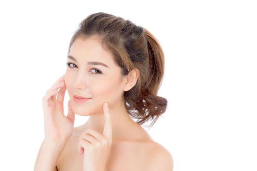 Beautiful girl with makeup, woman and skin care cosmetic concept / attractive beauty asian girl on face with hand touch cheek and smile isolated on white background.