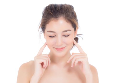 Beautiful girl with makeup, woman and skin care cosmetic concept / attractive beauty asian girl on face with hand touch cheek and smile isolated on white background.