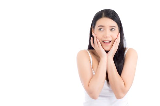 Asian woman surprise hold cheek with hand, Beautiful girl with presenting your product with excited and surprise isolated on white background, Expressive facial.