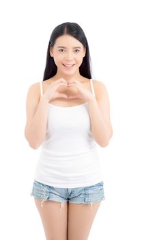 Beautiful asian woman show heart shape with hand, portrait girl model isolated on white background, beauty healthcare concept.