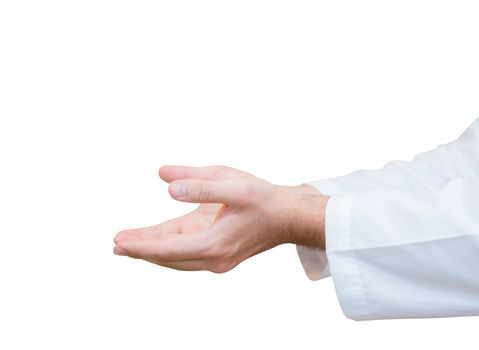 Doctor lman hand with something isolated on white background.