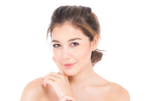 Beautiful girl with makeup, woman and skin care cosmetic concept / attractive beauty asian girl on face with hand touch cheek and smile isolated on white background.