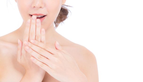 Asian woman surprise hold cheek with hand, Beautiful girl with presenting your product with excited and surprise isolated on white background, Expressive facial.