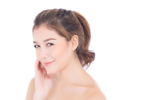 Beautiful girl with makeup, woman and skin care cosmetic concept / attractive beauty asian girl on face with hand touch cheek and smile isolated on white background.