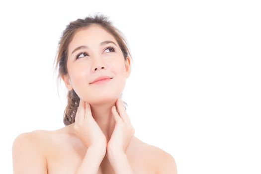 Beautiful girl with makeup, woman portrait and skin care cosmetic concept / attractive beauty asian girl on face with hand touching neck isolated on white background.