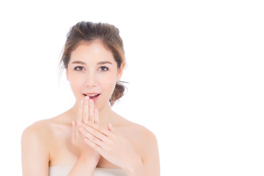 Asian woman surprise hold cheek with hand, Beautiful girl with presenting your product with excited and surprise isolated on white background, Expressive facial.