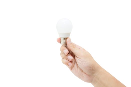 Man hand holding LED light bulb isolated on white background, save energy concept.