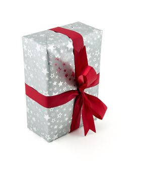 gray gift box red ribbon isolated on white background, using for christmas and new year or holiday other.