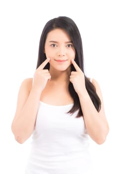 Portrait of beautiful asian woman makeup of cosmetic, girl hand touch cheek and smile attractive, face of beauty perfect with wellness isolated on white background with skin healthcare concept.