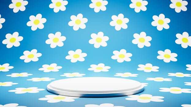 Empty White Platform on Blue and White Daisy Pattern Studio Background 3D Render Illustration