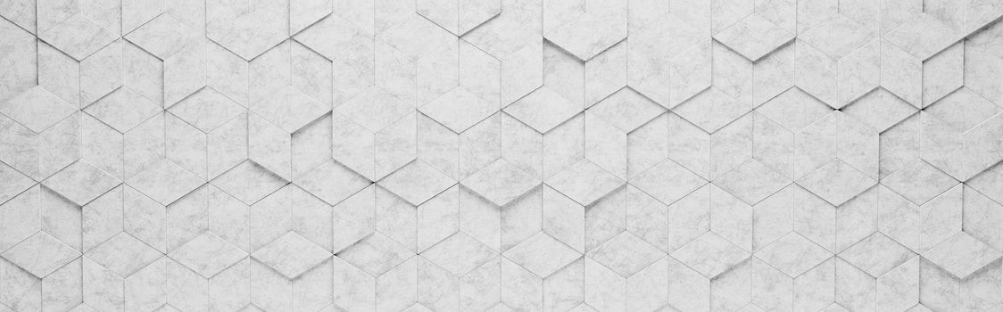 Wall of Light Gray Rhombus and Hexagons Tiles Arranged in Random Height 3D Pattern Background Illustration