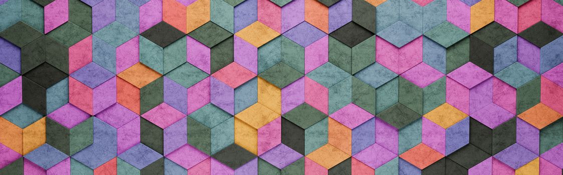 Wall of Colorful Rhombus and Hexagons Tiles Arranged in Random Height 3D Pattern Background Illustration
