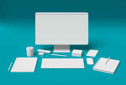 Blank essential office supplies, technology and accessory equipment dummies set 3D on turquoise blue background