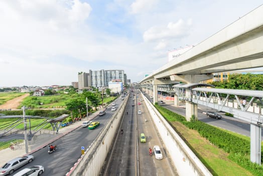 Bangkok, Thailand - 18  August, 2020 : high view of a lot traffic at the express way in Bangkok city