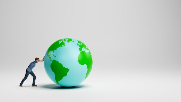 Young Man Pushing the Earth Planet on White Studio Background with Copy Space 3D Illustration