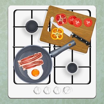 illustration of cooker with pan and ingredients