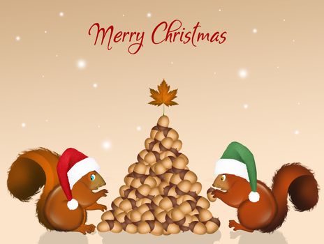 illustration of postcard for Christmas with Christmas squirrels make tree with acorns