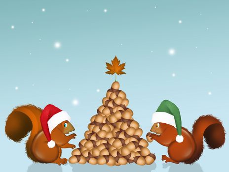illustration of Christmas squirrels make tree with acorns