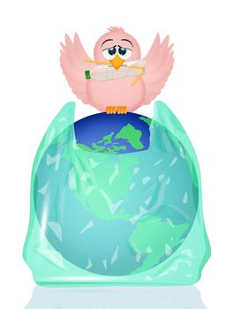 illustration of bird with plastic waste