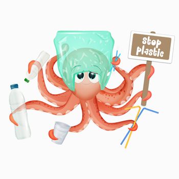 illustration of octopus with plastic waste icon