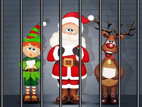 illustration of Santa Claus, Elf and reindeer in prison