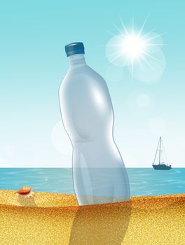 illustration of plastic bottle on the beach