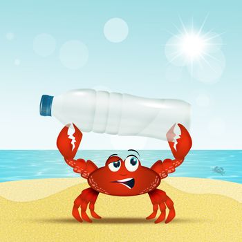 illustration of crab with plastic bottle