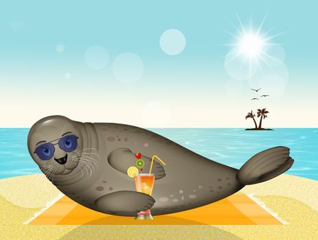 illustration of seal with cocktail on the beach
