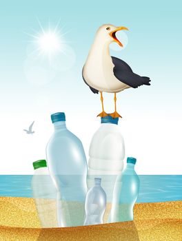 illustration of seagull on the beach with plastic waste