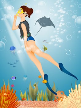 illustration of girl with mask and flippers
