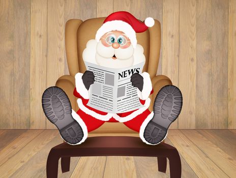 illustration of Santa Claus sitting in an armchair reads the newspaper