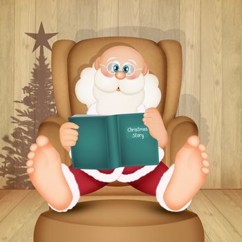 illustration of Santa Claus sitting in an armchair reads a Christmas story