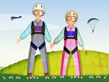 illustration of man and girl parachutists