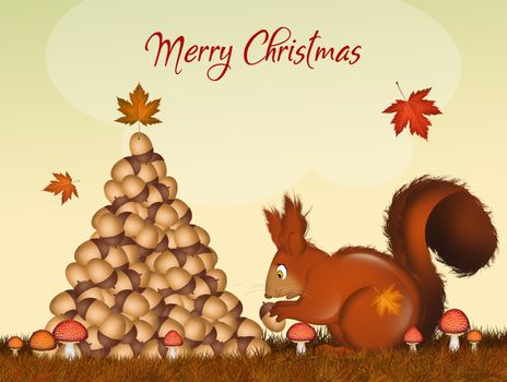 illustration of postcard for Christmas with Christmas squirrels make tree with acorns