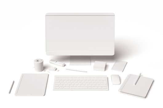 Blank essential office supplies, technology and accessory equipment dummies set 3D on white background