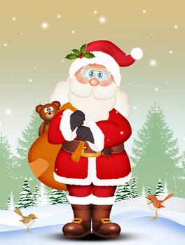 illustration of Santa Claus with Christmas gifts