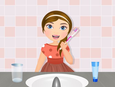 illustration of little girl brushes her teeth