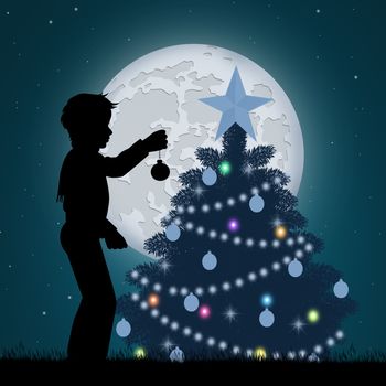 illustration of child decorate the Christmas pine tree